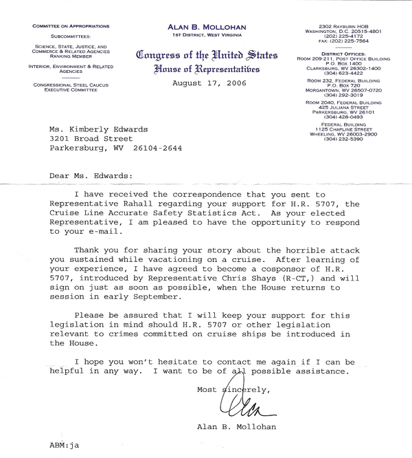 Letter from Representative Alan B. Mollohan