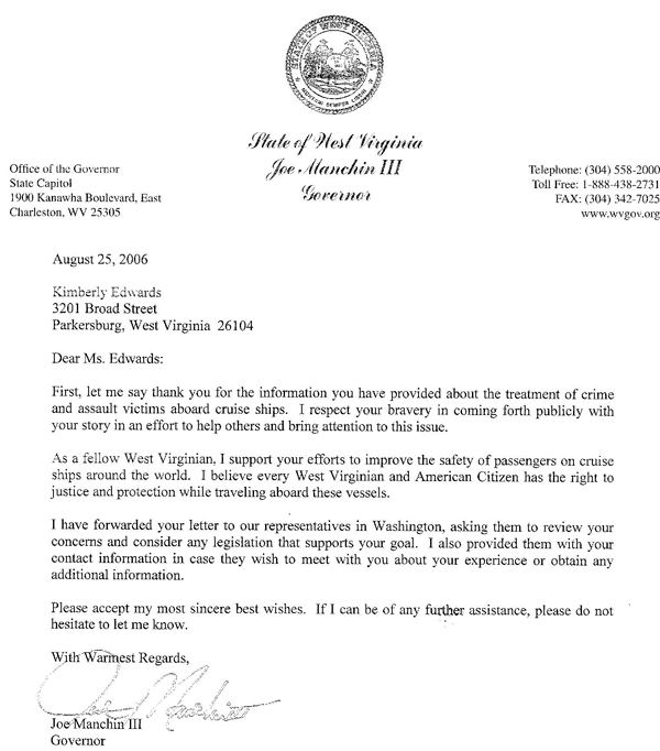Letter from Governor Joe Manchin III